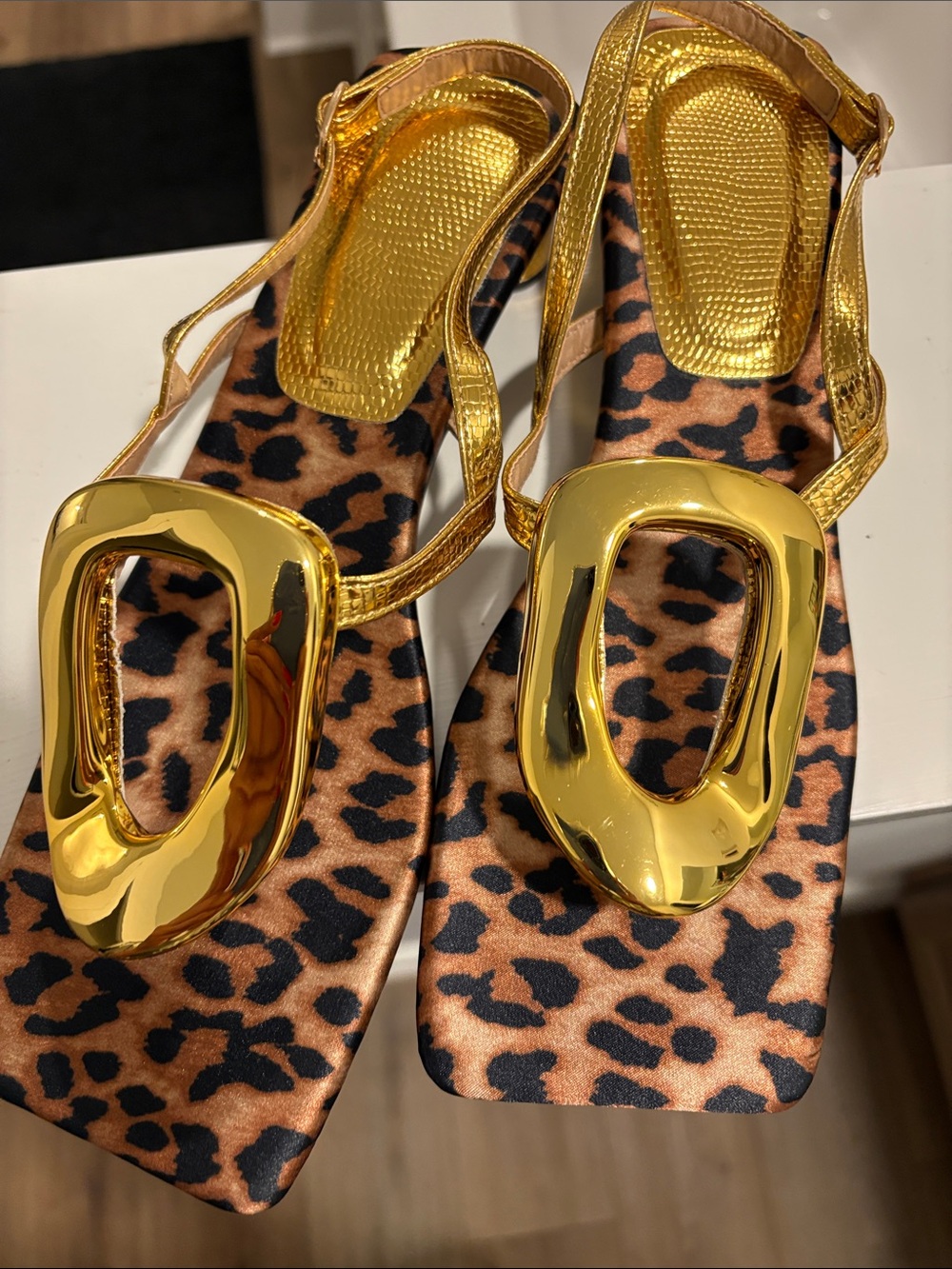 Gold Metallic Leopard-Print Women's Sandals with Statement Hardware